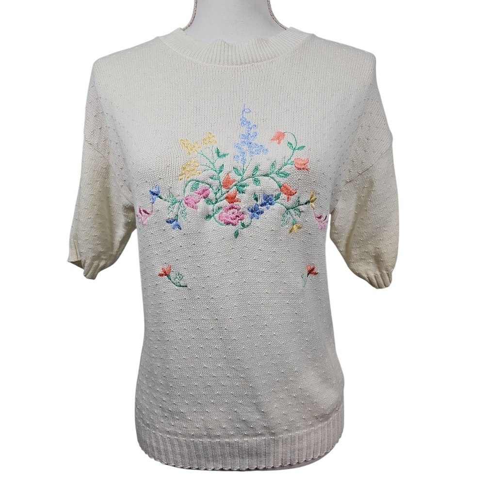 Carly Blake Sweater Floral Embroidered Cottagecore Short Sleeve Women Petite S